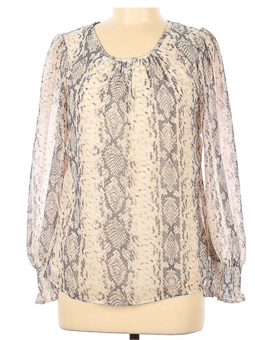 Cream and Gray Snake-Print Sheer Long-Sleeve Blouse